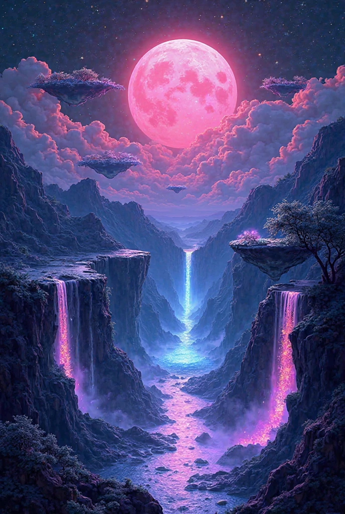 An ethereal dreamscape scene with glowing floating islands above the clouds, shimmering waterfalls cascading into a luminous abyss, bioluminescent trees and crystal formations, a giant iridescent moon rising behind neon-lit mountains. Use a vaporwave-inspired color palette with purples, blues, and pinks. Style it for a t-shirt print on a black background — ultra-detailed, futuristic, and surreal, with a magical and otherworldly atmosphere.
