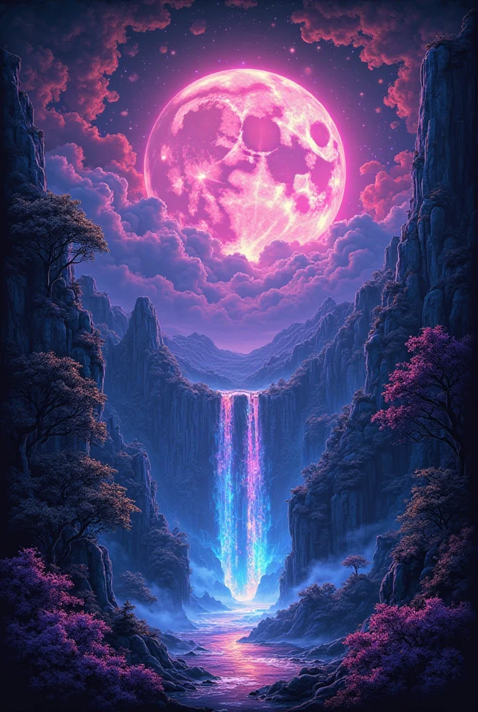 An ethereal dreamscape scene with glowing floating islands above the clouds, shimmering waterfalls cascading into a luminous abyss, bioluminescent trees and crystal formations, a giant iridescent moon rising behind neon-lit mountains. Use a vaporwave-inspired color palette with purples, blues, and pinks. Style it for a t-shirt print on a black background — ultra-detailed, futuristic, and surreal, with a magical and otherworldly atmosphere.