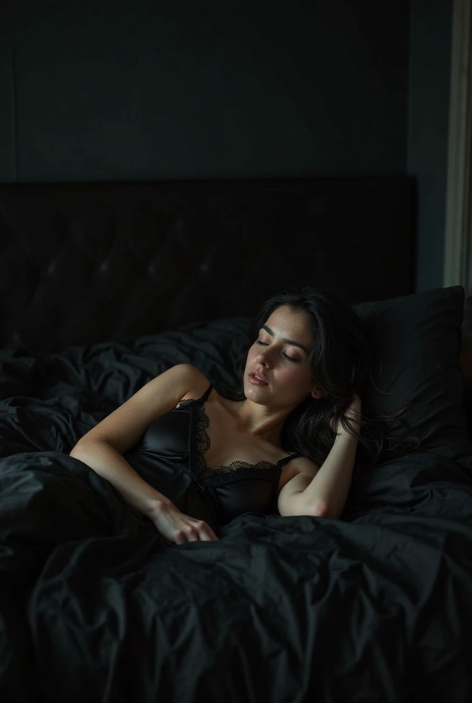 A Haunted hotel room,sexy girl,dark light,candles,  window,night time, Barbara palvin in black night dress, deep cleavage lying on bed,pov from above, serious face