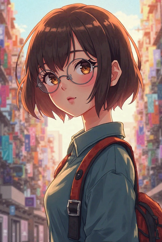 Create an image of a girl with short brown hair and brown eyes wearing glasses in the style of My Hero Academia

