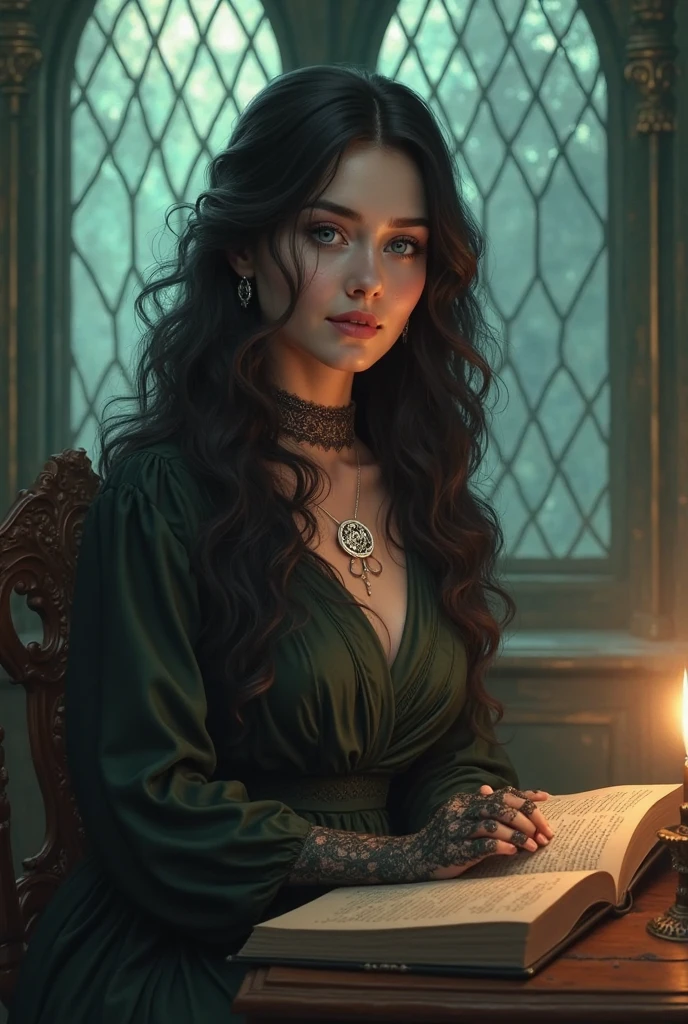 Create with the following descriptionHouse: Sonserina 🐍 (But with a kind heart)

 Aparência:

Cabelos: Longos, wavy and black as ebony (similar to those of Black), with slightly gray highlights under The light.

Olhos: intense light blue,  almost translucent , like ice under the Moon 

Skin: pale, but with a slight natural blush on the faces.

traits: Delicate and aristocratic (Sharp cheese, fine eyebrows and serene expression).

Estilo: She wears Slytherin's uniform with discreet elegance, a silver snake brooch on the ????? and,  Sometimes , black lace gloves (a vintage touch of the family).

personality:

Sweet and Empathic: Different from the usual coldness of Black, she is gentle and observant, protecting friends in secret.

Inspiration for Art:

Pose: Sitting in the Hogwarts Library with an old book, blue eyes illuminated by floating candles.

Detalhes: A silver seal around the neck (inherited from Regulus) and a shy smile.

Fundo: Green and silver stained glass windows from Slytherin's common room,  with soft mist .