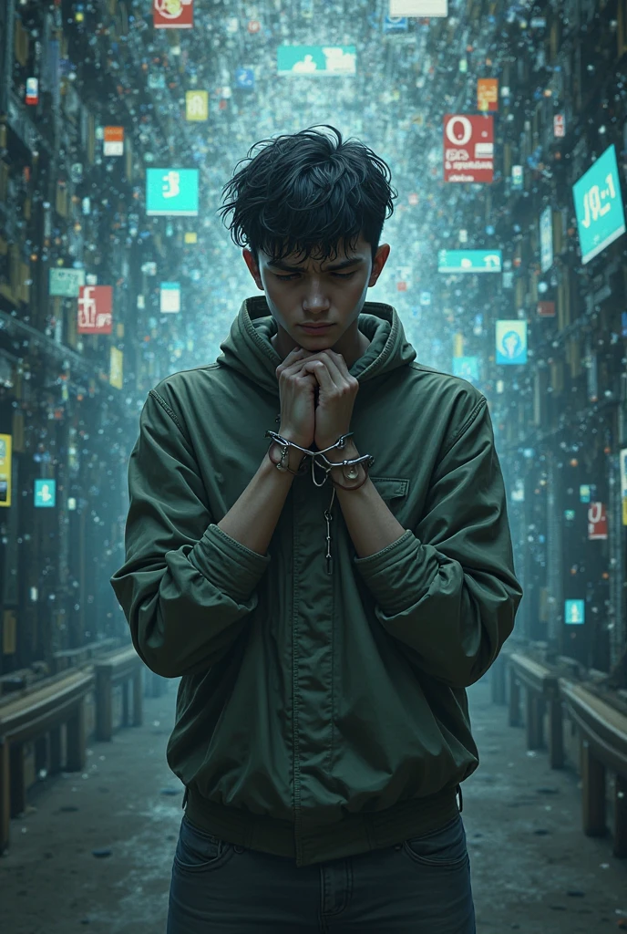  A ager on the phone is lost in a group of social media with his hands shackled. He has many opportunities and does not see them 