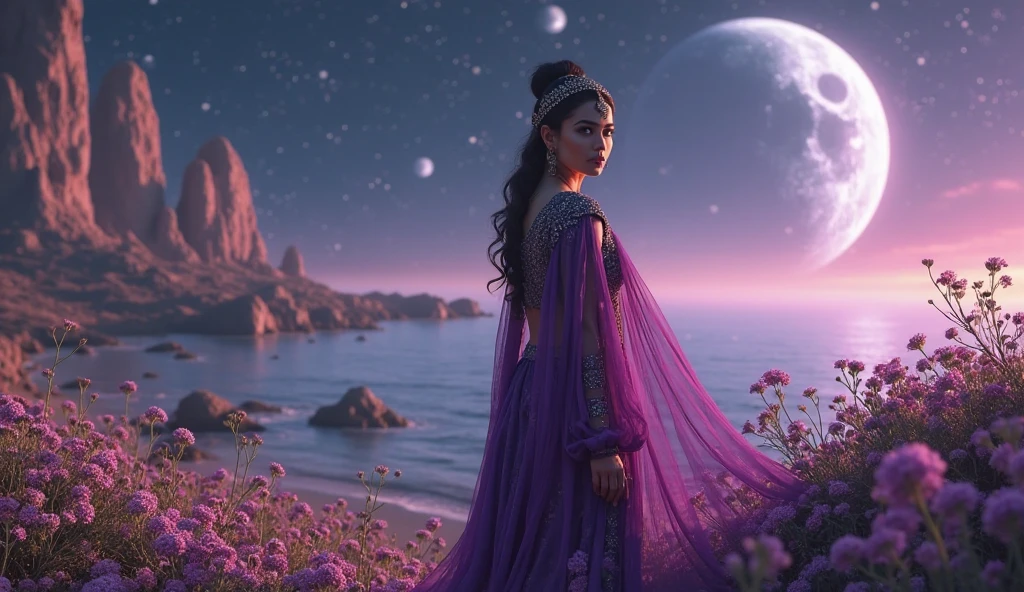 A beautiful oriental woman in a traditional Middle Eastern purple outfit, looking full face. on Earth's moon. Futuristic spaceship in the background. Stunning landscape. dramatic lighting. In the distance - ancient, beautifully designed alien structures of a long-gone civilization. Dense fantastic vegetation.  flowers. sea. cinematic composition, rich colors, The mystical and emotional atmosphere. Inspired by Greek music, male vocals, with drama and passion.