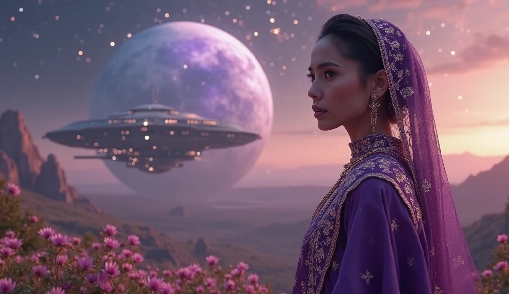 A beautiful oriental woman in a traditional Middle Eastern purple outfit, looking full face. on Earth's moon. Futuristic spaceship in the background. Stunning landscape. dramatic lighting. In the distance - ancient, beautifully designed alien structures of a long-gone civilization. Dense fantastic vegetation.  flowers. sea. cinematic composition, rich colors, The mystical and emotional atmosphere. Inspired by Greek music, male vocals, with drama and passion.