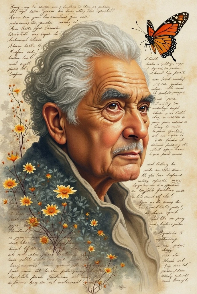 A collage in sepia or gold tones with:

A yellow butterfly

A handwritten fragment

A watercolor portrait of Gabriel García Márquez (wordless)