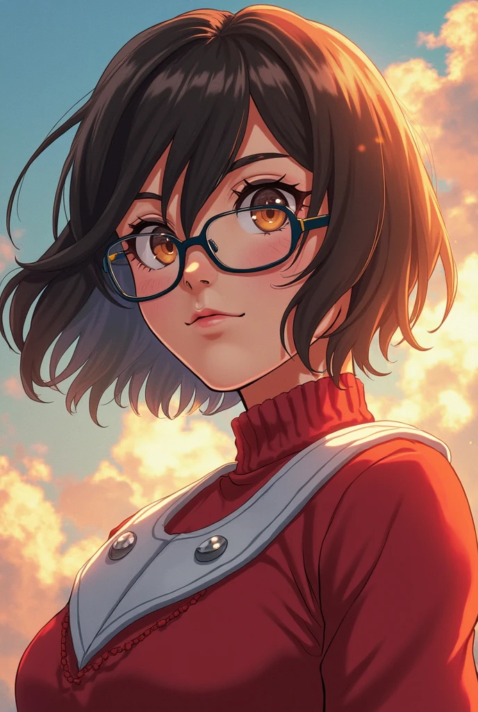 Create a My Hero Academia-style image of a woman with short brown hair and brown eyes wearing glasses wearing a bib with a red sweater and wearing a red feather around her neck.