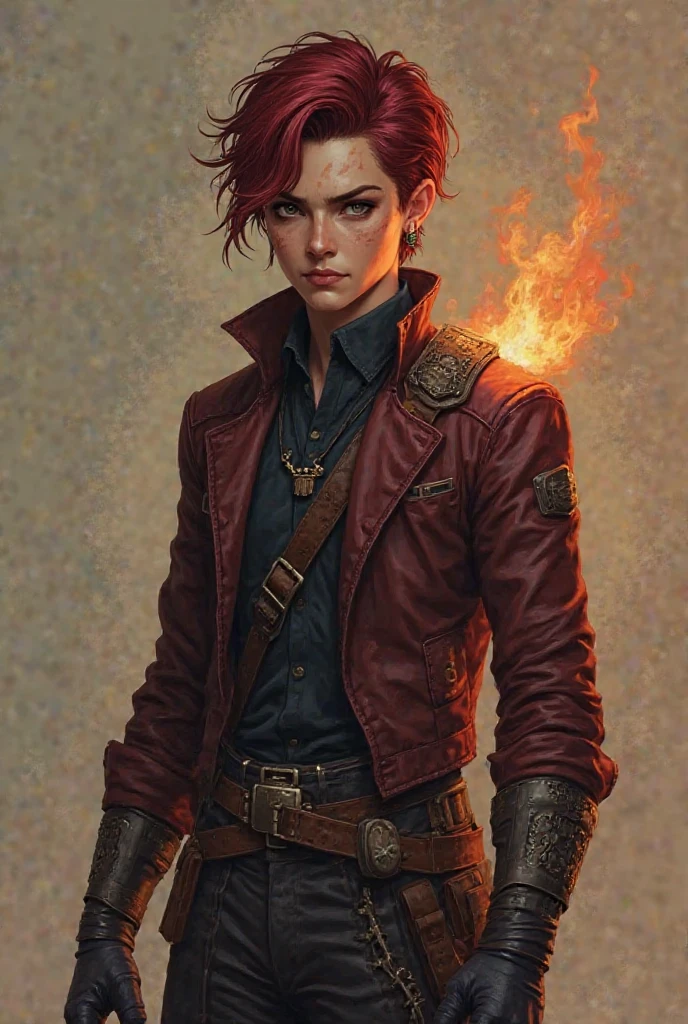 Species: Alien Hybrid (Mago/Deus)

Apparent Age: Adolescent for young adult (You can adjust)

Altura: 1,80m

Skin Color: light tan (slightly sunburned skin)

Olhos:

completely black irises

Sclera (white part) normal, as a human

Slightly larger pupils (better night vision)


Cabelo:

Cor: Dark Red

Style: medium and messy, rebelde, without being too long or scraped.


physical:

athletic body, defined in a natural way (survivor)

Exaggerated non-muscular, symbol on the back but resistant


Scars:

A thin scar cutting across the brow and running down the side of the eye (marca leve, but visible)

Some minor scars on the neck and arms (memories of his difficult life)


accessories:

A rustic earring made of dark metal or raw crystal (it's not modern like those on Earth)



---

Clothes :

Estilo:

Rustic and practical, combat and resistance clothing

Visual Fantasy Mix + old sci-fi


Pieces:

dark leather pants, fair but comfortable (not torn)

Long-sleeved shirt, escura (black or dark gray), with the bars half worn

Reinforced short jacket (like leather or resistant material, charcoal or dark brown color)

Heavy combat boots

Utility belt (where he keeps basic items, no magic of its own)


 Dominant Colors :

Black

Lead gray

Dark brown

Touches of wine or burgundy (it may be in the details of the clothes)



He will have a clenched fist in the middle of the fire. Behind his dark red cover. His cover will not be too long 
