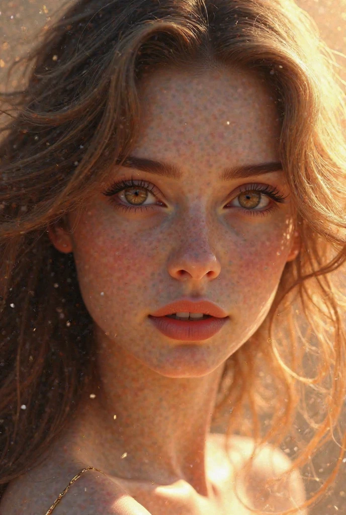 Green eyed beautiful lady with dark brown hair, freckles, infront of the sun