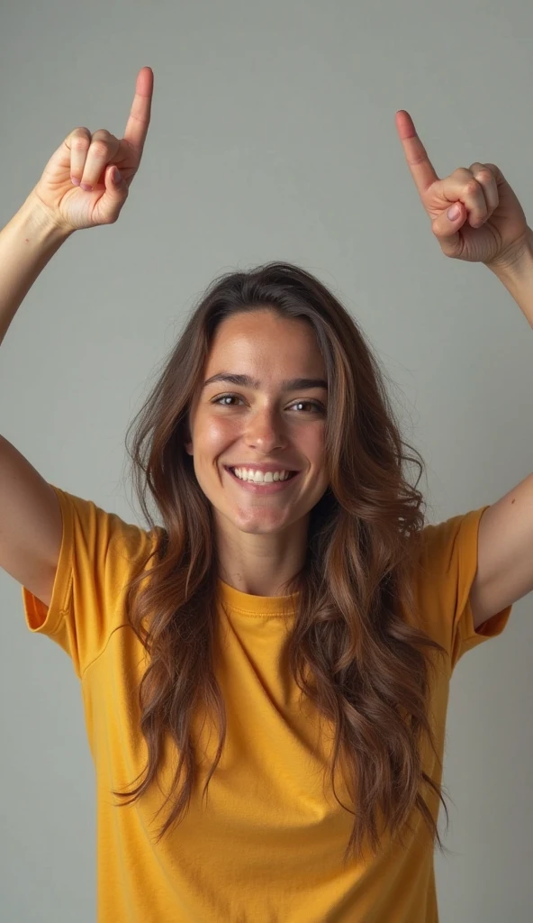 photo of a 30 year old girl,arm stretching,thumbs up,happy,laughing,shirt,ray tracing,detail shadow,shot on Fujifilm X-T4,85mm f1.2,sharp focus,depth of field,blurry background,bokeh,motion blur,motion lines,<lora:add_detail:1>,