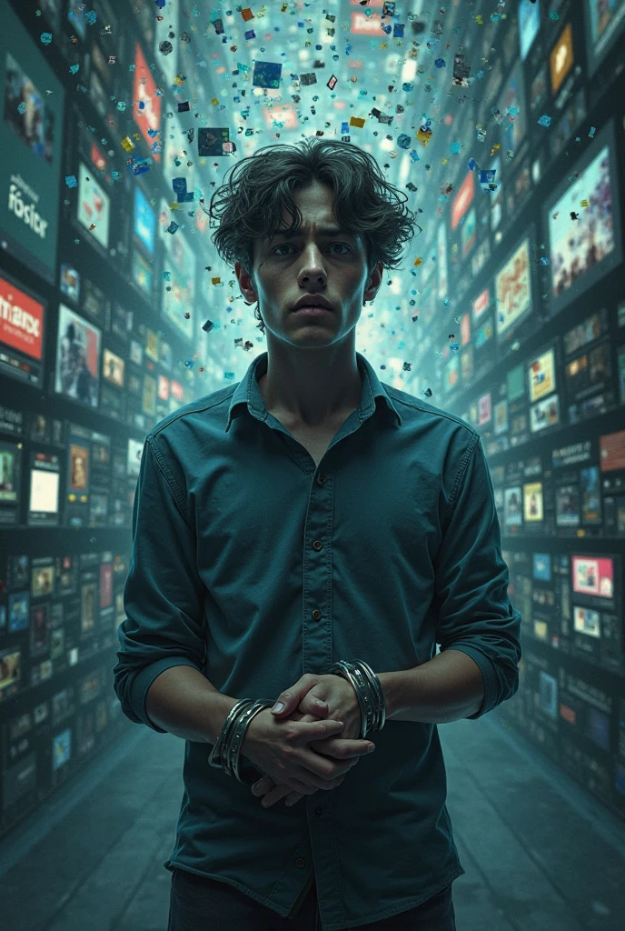  A ager on the phone is lost in a group of social media with his hands shackled. He has many opportunities and does not see them 