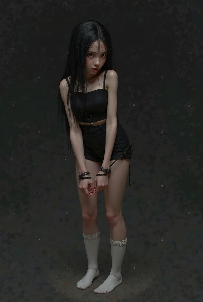 Create an image of a woman around 20 years old with dark hair and dark eyes. She is collared, chained in her underwear, and confined in the basement. The floor is wet. Big.