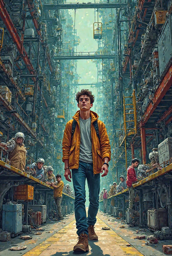a young man walking through a factory full of workers who seem exhausted, while watching modern machinery that is in operation. comic