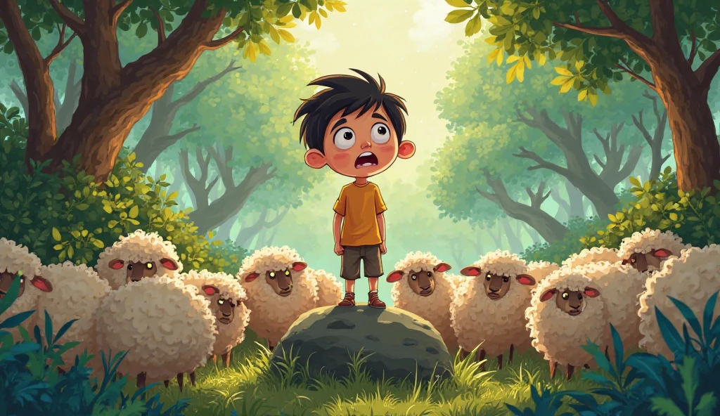 One boy with herd of sheeps in jungle stand on stone and shout to help with  sad expressions and one  lion  see behind the bushes  create this scene in cartoon 
