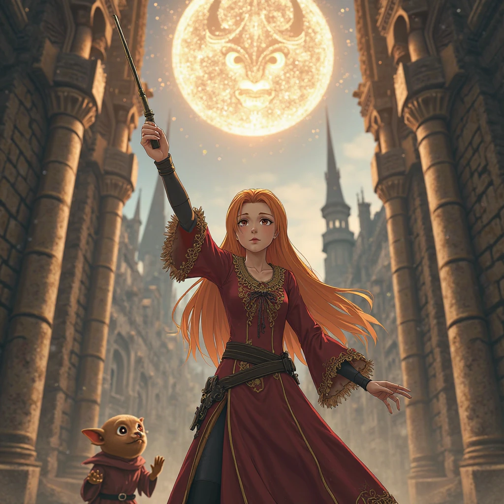 Asuna from Sword art online in Harry potter theme, with Dobby, hight quality, she has a wand in her hand casting patronnus spell 