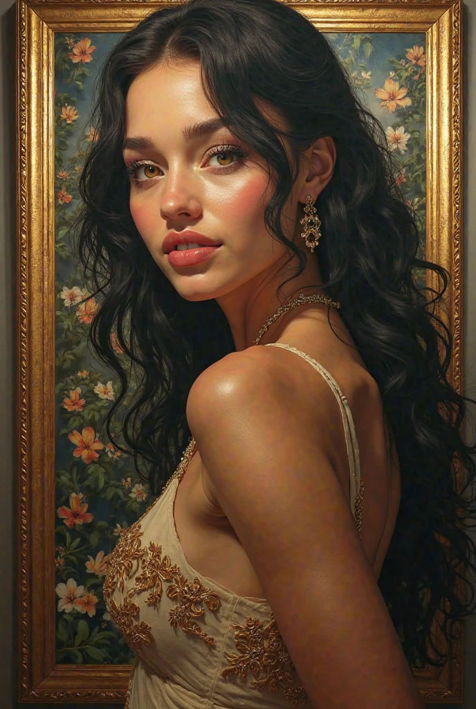 designed by artgerm, jesper ejsing, rhads , lois van baarle, ilya kuvshinov and gustav klimt,((( inside of an Astonishing Museum))), Thunderstorm,  8K, highly detailed, (((her alluring portrait on a canvas))) ,(((full body shot ))),Realistic, Hyperrealism, Extremely high quality, a  highly detailed coupled bodies,  Solo,  High Resolution, Long Hair, Looking at the canvas, Breasts, Smile, Black Hair, Parted Lips, Makeup, Cowboy Shot, From Side, POV, Dutch Angle, From Behind, Out Of Frame, Wide Shot, klimt , art of mucha , style of gustav klimt ,Austria,Art of alphonse mucha ,artdeco ,art nouveau ,gold ,beauty ,jewellery ,elegance ,bracelets and necklaces,KIWMT ,((beautiful European girl)), ,elegant ,flowers ,modernism,lifelike style photography,(( a handsome man in a smoking holding her behind,and kissing her neck)) ,   correct body ratios ,                     
Girl is going out of frame, from 2D into 3D ,