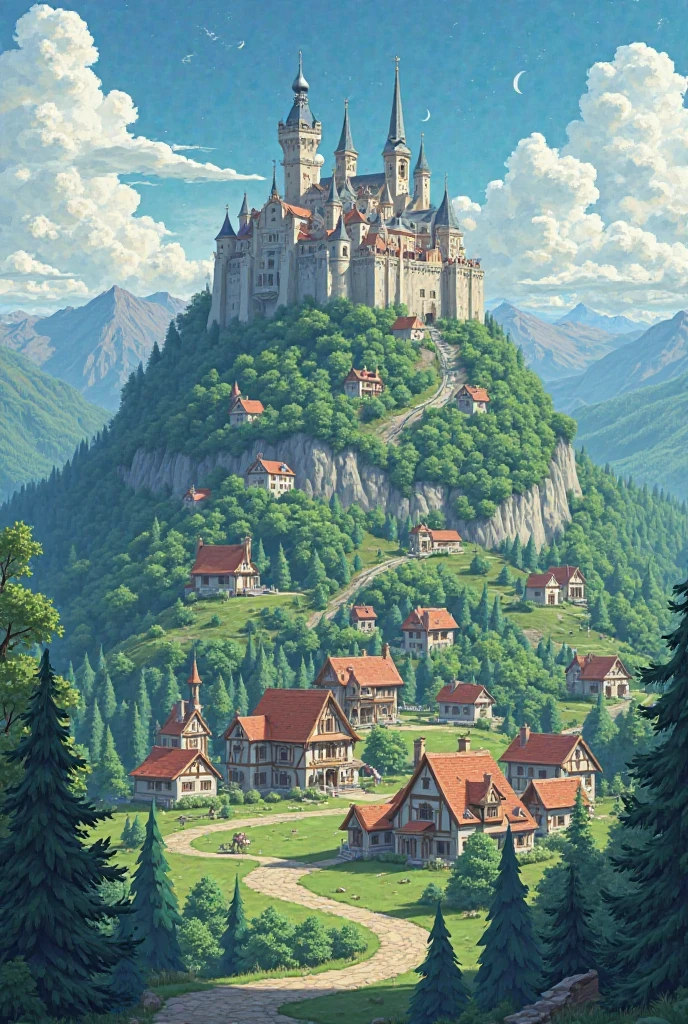 A Retro anime style painting of a big village in a hill with mountains with may houses and trees houses from the top to the ground of that hill and in the top hill is a big castle make it a sunny day with clouds 