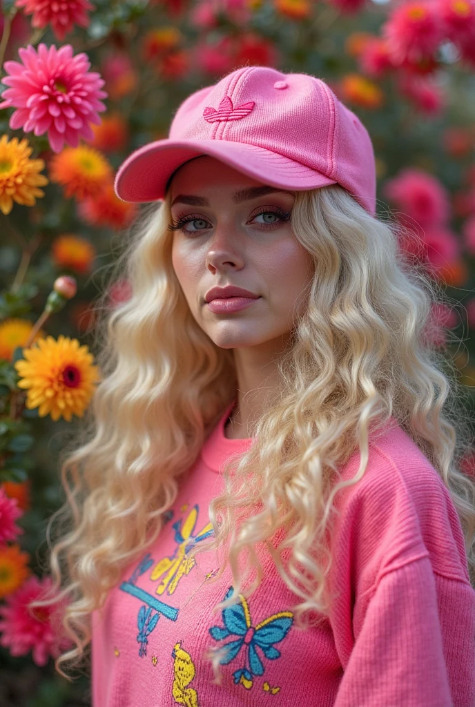35-year-old white-skinned woman with light hair, pink t-shirt and pink cap from the Arabela brand