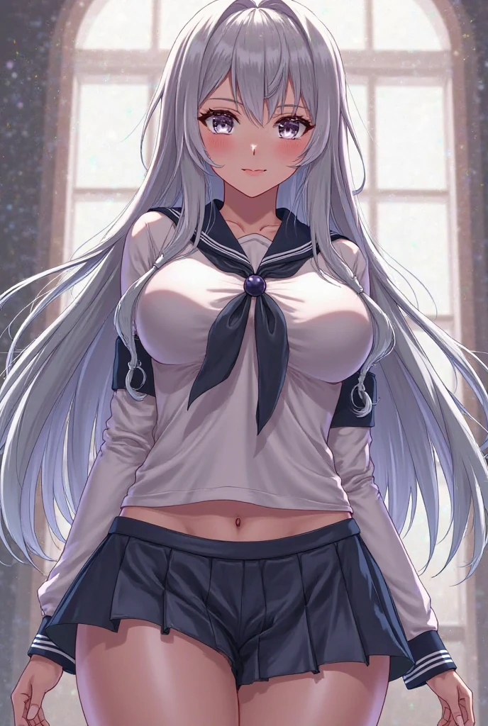 Generates a girl with silver hair and blue eyes, with big thighs and a good waist and good chest, in a school uniform and with her breasts out, and in a sexy position and unbuttoning her shirt so that her bra and her naked breasts can be seen, anime version