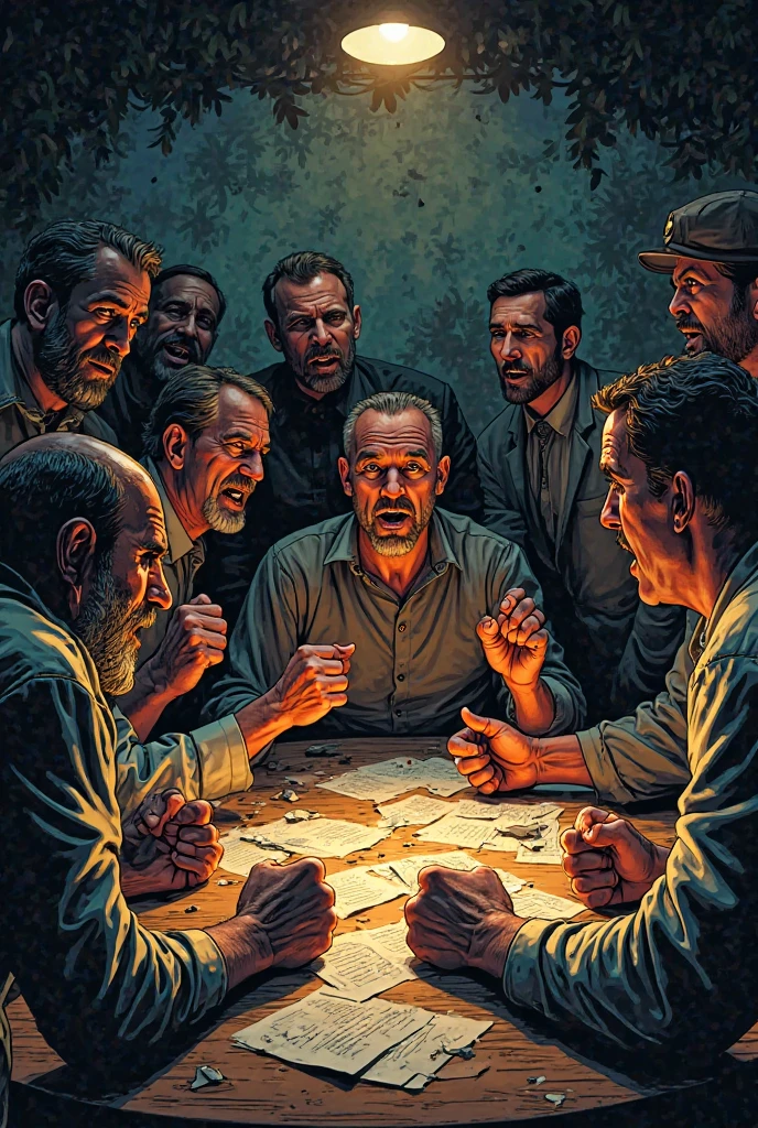 a secret meeting, revolutionary leaders argue about the need to change the system. comic 