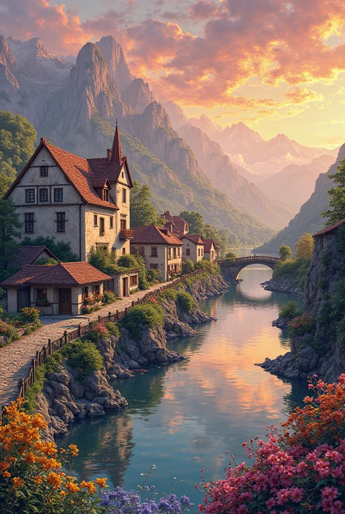 A small town by the river, mountains in the background, colorful floral flowers, detailed landscape, beautiful natural landscapes, atmospheric lighting, scorching sunset, warm colors, practical, photographic, detailed foliage, complex buildings, cobblestone street, charming country house, vibrant colors, lush vegetation, reflections in the water,  picturesque, idyllic, artwork, best quality, 8K, colors, anime style
