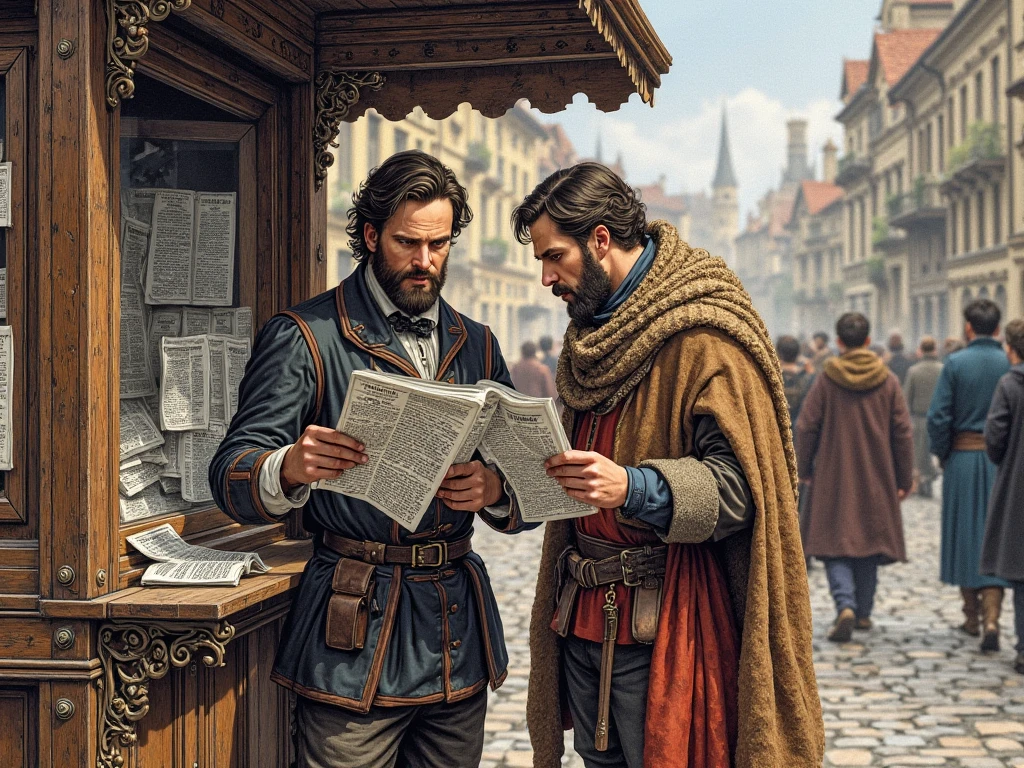 Please draw two gentlemen at a newspaper kiosk, carefully studying the latest news. The painting should be in the style of a 15th-16th century color engraving.