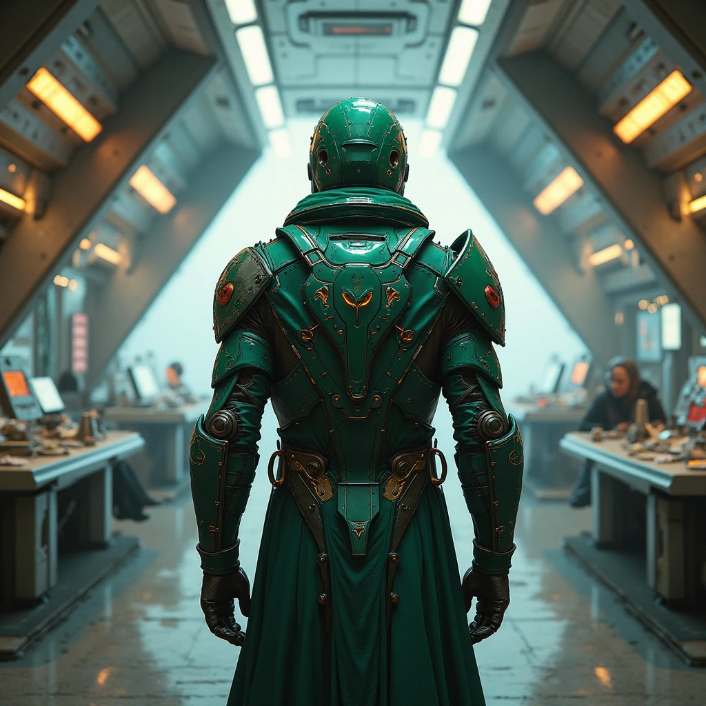 The commander of the mother expedition ship Saferot stands on a joint in green armor on the bridge