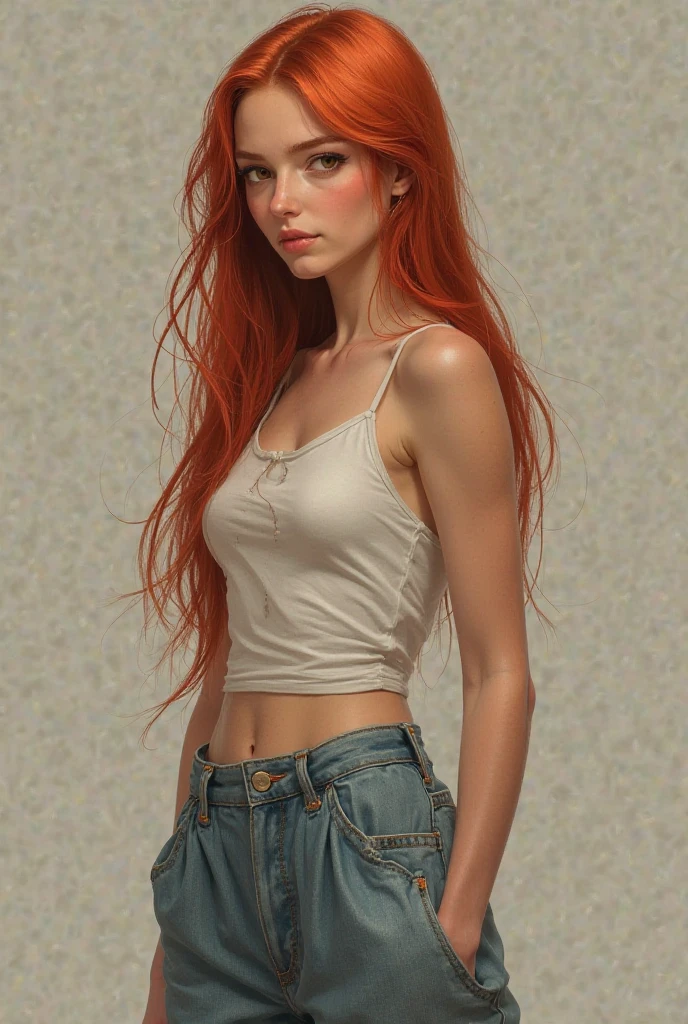 Full body girl in casual clothes,
Let her be a redhead and long hair, slim and brown-eyed 