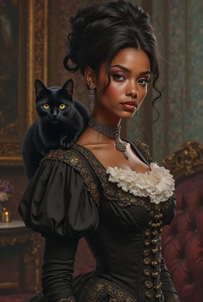 Female character in the Victorian era, Afro descending, straight hair tied upwards, wearing clothes from the Victorian era and a black cat on his shoulder, the character with a  look