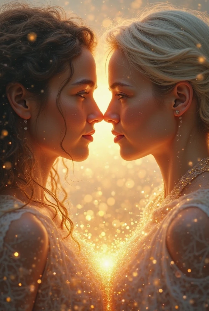 Make an image of two people who connect a lot mentally, think and feel very similar and give each other brightness and light 