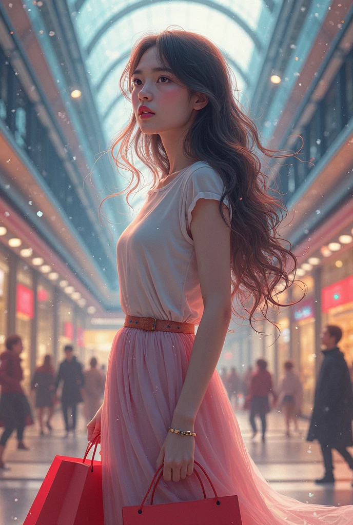 A girl with very long hair in the back, in a shopping mall with red mini shopping bags in her hand