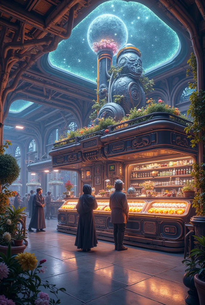 The mysterious magic fruit juice shop in the future of the universe, galaxy fruit shop, juice shop science, has an alien star wars, super high-tech juice juicer