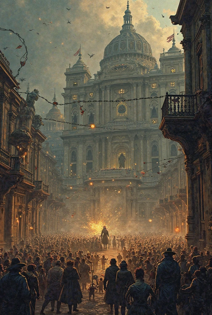 "A powerful and symbolic scene that illustrates social repression through hierarchies. A palace or government building overlooks a crowded city square, as ordinary people struggle under a huge weight, invisible chains representing laws, Traditions, and social expectations. Rich elites watch from balconies above, Separate from suffering below. At the front, Individuals try to break free - philosophers, Rebels, and workers pushing against power barriers. The color palette contrasts between dark, dark colors with lines of light symbolizing hope and resistance. The pattern is inspired by history, invokes the Enlightenment's criticism of tyranny and inequality."
