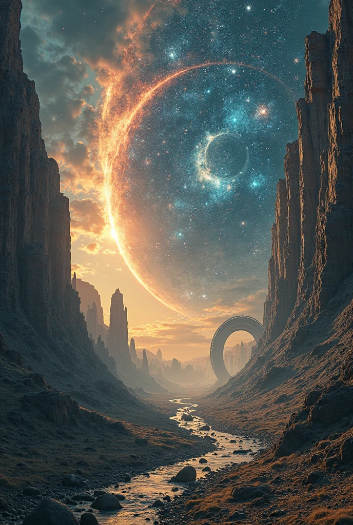 Timeline montage: year 3027 to 7025. Massive sci-fi landscapes, humans connecting universes, AI remorseful, civilizations migrating. Futuristic cities, time machines, wormholes. Star maps drawn over ancient murals. Epic scope. Vibe: “sci-fi documentary meets prophecy.”