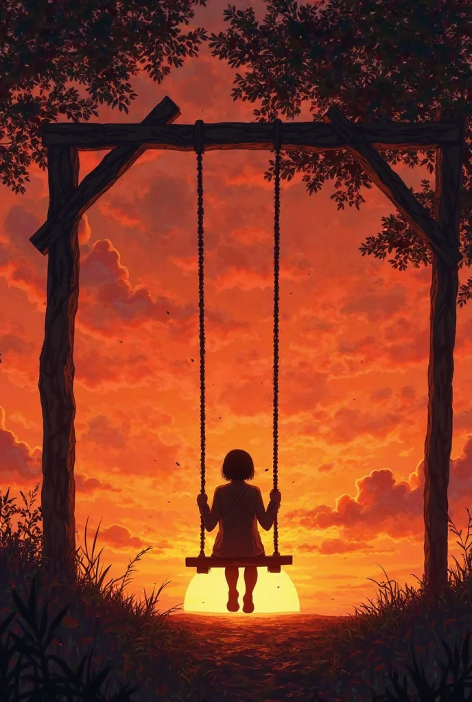 Girl sitting on swing sad, towards the mountains after sunset with the ruined city after the zombie apocalypse