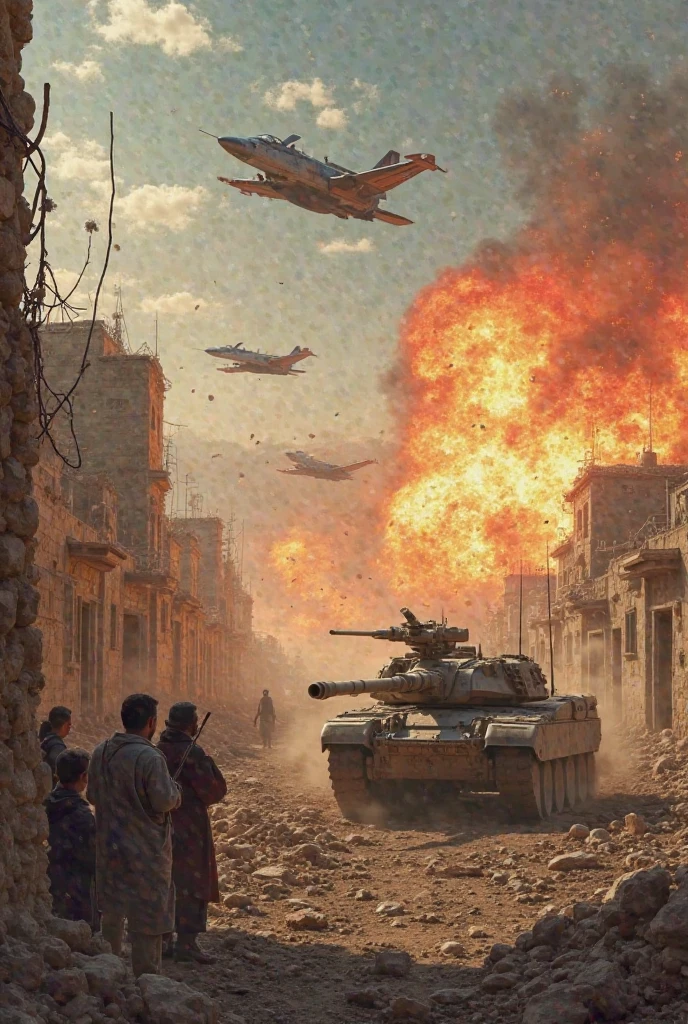 tank driving down a city street through wreckage and debris, explosions, smoke, fog of war, rubble, chrchltnk, vehicle focus ((pulp_comic, heavy_lines, hand_drawn, hand_inked, hand_colored, apxlz))