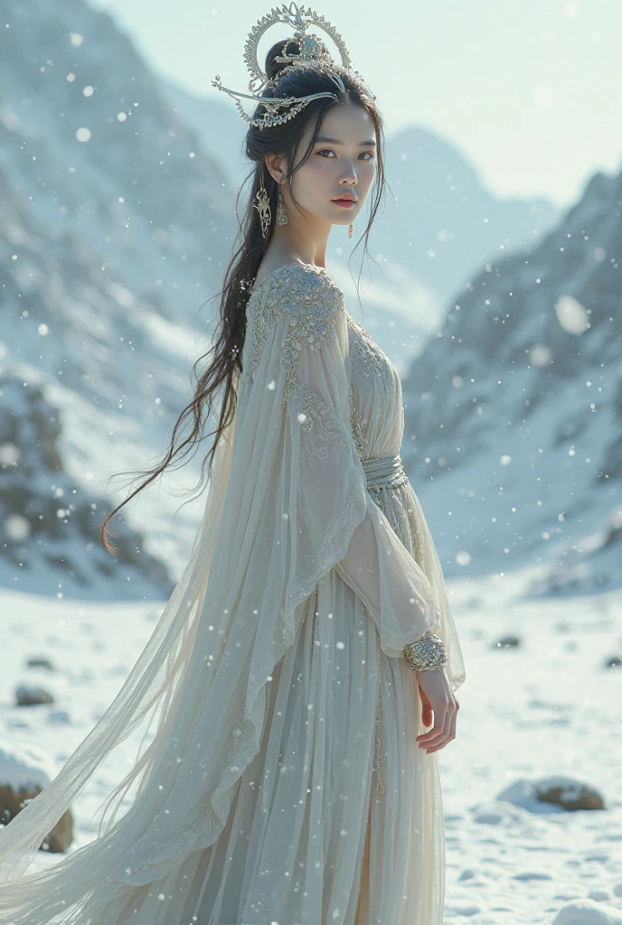 nude oriental girl, snow with valhalla outfit