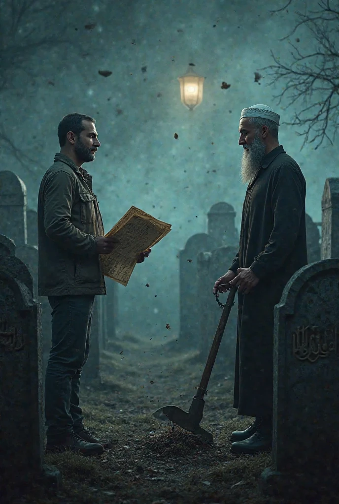 A realistic-style theater play poster with the title “Kazma ve Dua.” On the left side, a clean-shaven Turkish man in his 30s, a treasure hunter, is holding a map and a pickaxe. On the right side, a taller Turkish Muslim imam in his 40s, with a traditional Muslim beard and wearing a white Muslim skullcap (taqiyah), is holding a shovel. They are standing in a Muslim cemetery in Turkey at night, surrounded by fog. The gravestones have Islamic markings and are typical of Turkish cemeteries. They are facing each other. The treasure hunter has a scared expression, while the imam looks thoughtful.
