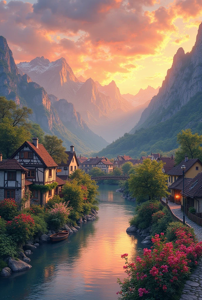 a small village by the river, mountains in the background, floral flowers colorful, detailed landscape, Beautiful natural landscapes, atmospheric lighting, scorching sunset, warm colours, practical, photopractical, Detailed Foliage, complex buildings, cobblestone street, Charming country house, swirly vibrant colors, lush vegetation, Still water reflections, Picturesque, idyllic, work of art, best qualityer, 8k, extremely detaild,anime styling