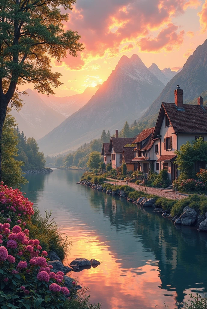 a small village by the river, mountains in the background, floral flowers colorful, detailed landscape, Beautiful natural landscapes, atmospheric lighting, scorching sunset, warm colours, practical, photopractical, Detailed Foliage, complex buildings, cobblestone street, Charming country house, swirly vibrant colors, lush vegetation, Still water reflections, Picturesque, idyllic, work of art, best qualityer, 8k, extremely detaild,anime styling