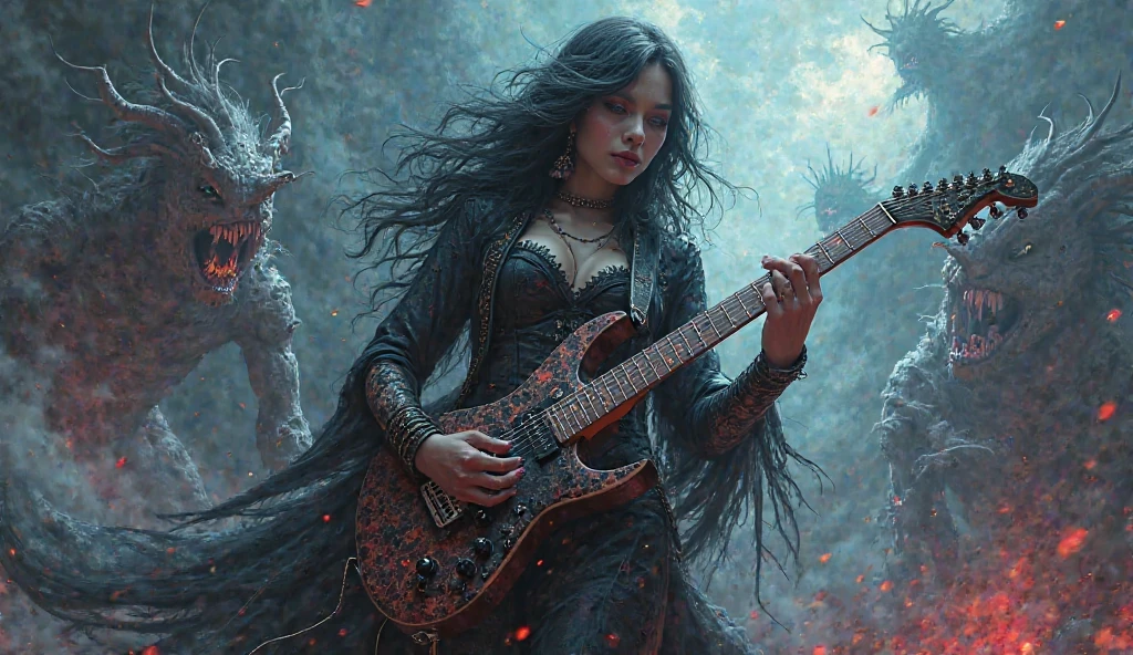 mystical woman, playing a heavy metal electric guitar, is surrounded by an atmosphere of gothic music and fantasy demons, creating a unique sound, that takes listeners to new heights.