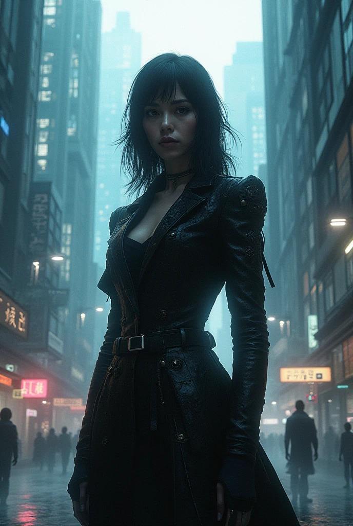 (Wide angle view). Blade Runner style futuristic city, simple outlined neon buildings, glowing giant clock tower, flying cars, lightning, 3d rendering Beeple. At night, (1girl, solo, alone), photorealistic, medium-breast slim:0.6 body, oval:0.5 face, cleavage:1.1, sexy black laced bra, deep-V, (low angle view of miniskirt), white laced panty, coat, (Matrix style black micro sunglasses), ((aiming with a short gun)), (slightly leaning forward running pose), (half-body thigh level close-up shot), cinematic lighting, ray tracing.