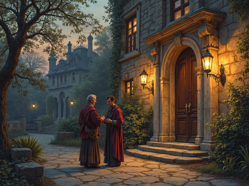 Please draw two gentlemen at the entrance of a rich mansion discussing the latest news. The painting should be in the style of a 15th-16th century color engraving. It's evening in the painting: twilight, lighted lanterns