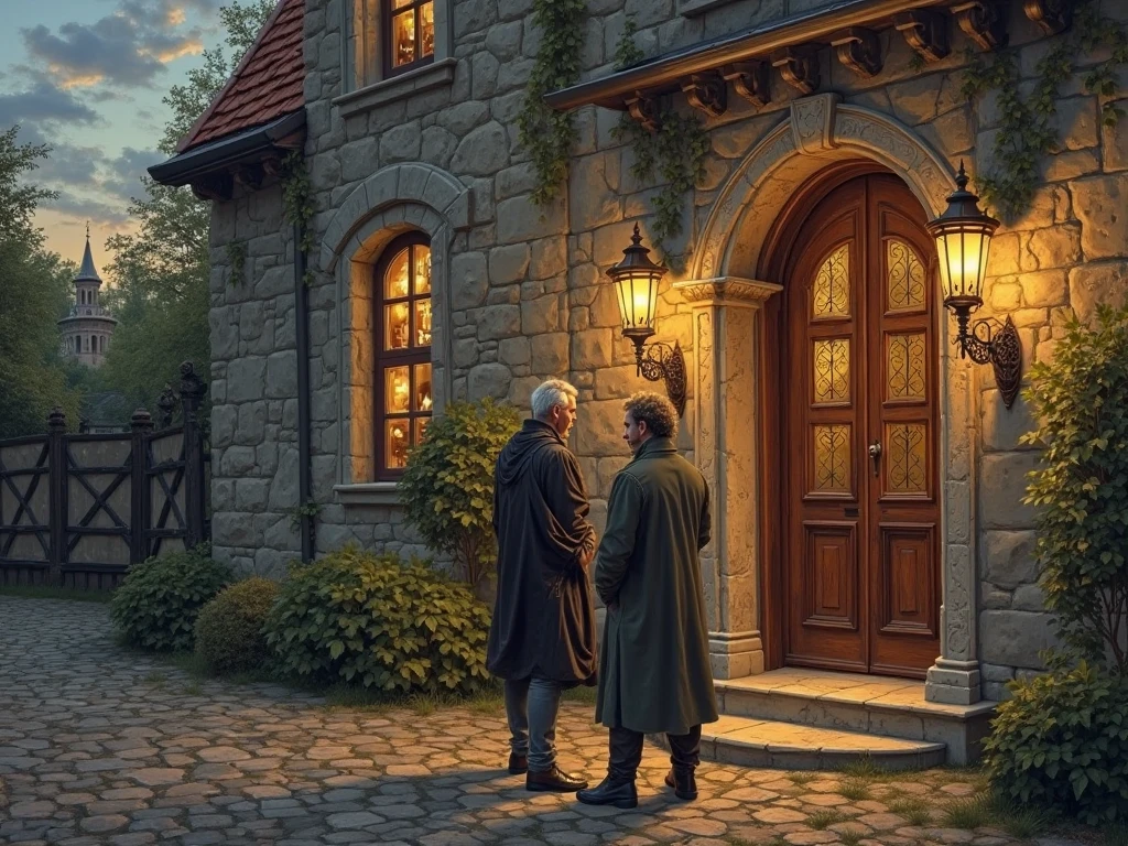 Please draw two gentlemen at the entrance of a rich mansion discussing the latest news. The painting should be in the style of a 15th-16th century color engraving. It's evening in the painting: twilight, lighted lanterns