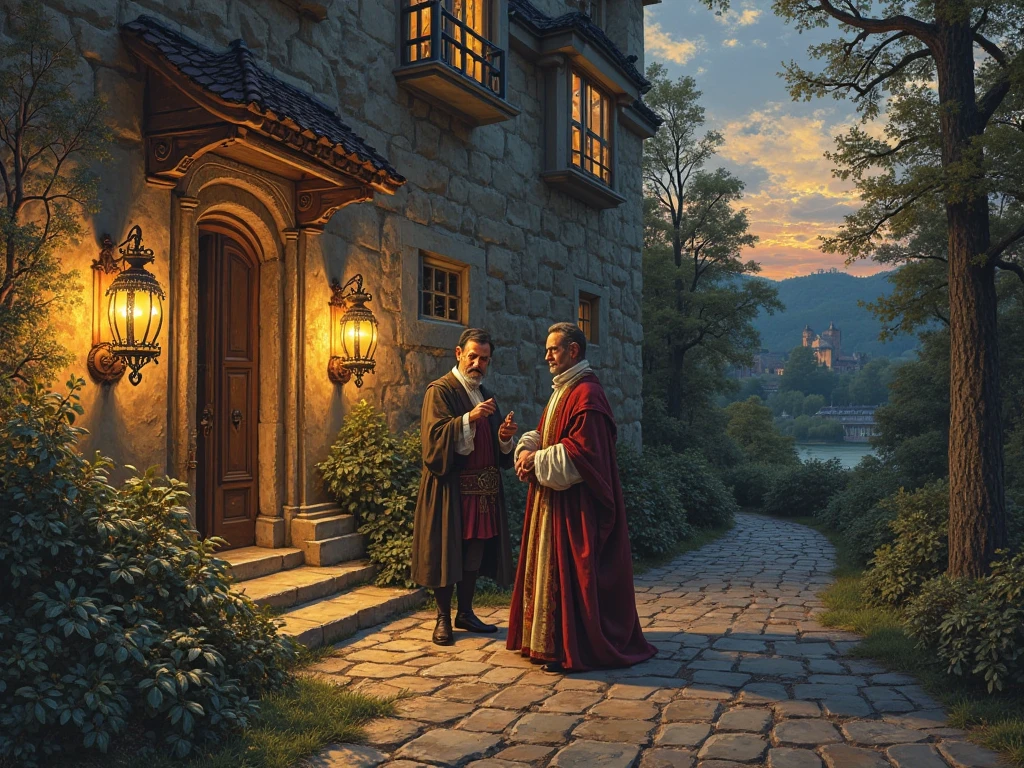 Please draw two gentlemen at the entrance of a rich mansion discussing the latest news. The painting should be in the style of a 15th-16th century color engraving. It's evening in the painting: twilight, lighted lanterns