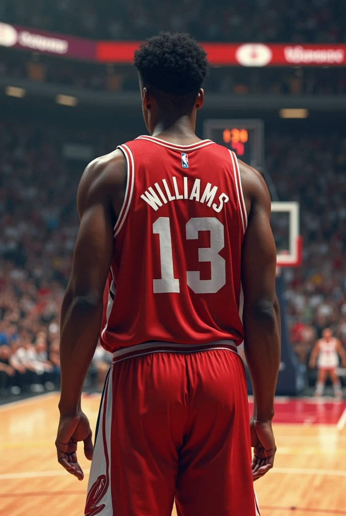 Generate image using prompt: black Chicago Bulls basketball player with the name Williams on his jersey and the number 0 on his back