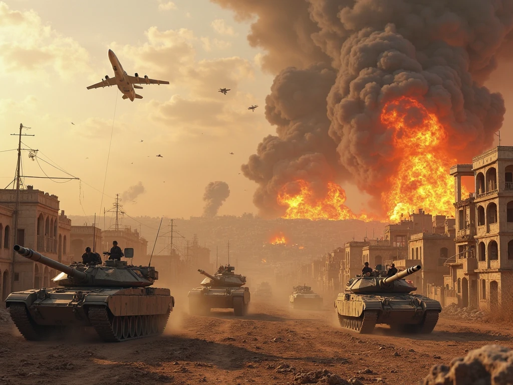 A picture depicting a severe war in a very crowded area.
Tanks drive next to the soldiers and protect them.
The buildings look broken and burned from the shelling of the tanks.
Evening time - sunset.