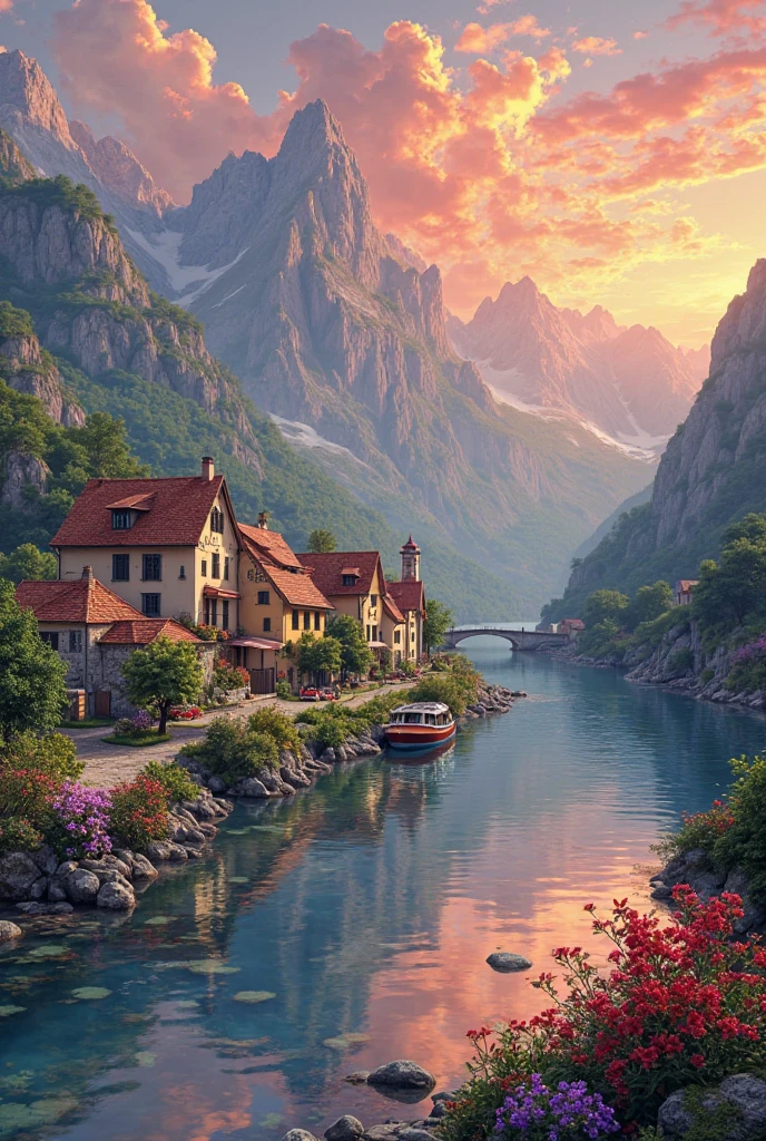 A small town by the river, mountains in the background, colorful floral flowers, detailed landscape, beautiful natural landscapes, atmospheric lighting, scorching sunset, warm colors, practical, photographic, detailed foliage, complex buildings, cobblestone street, charming country house, vibrant colors, lush vegetation, reflections in the water, picturesque, idyllic, artwork, best quality, 8K, colors, anime style