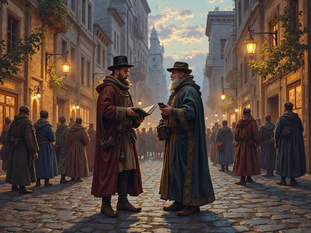 Please draw two gentlemen in the middle of a busy medieval city street discussing the latest news. The painting should be in the style of a 15th-16th century color engraving. It's evening in the painting: twilight, lighted lanterns
