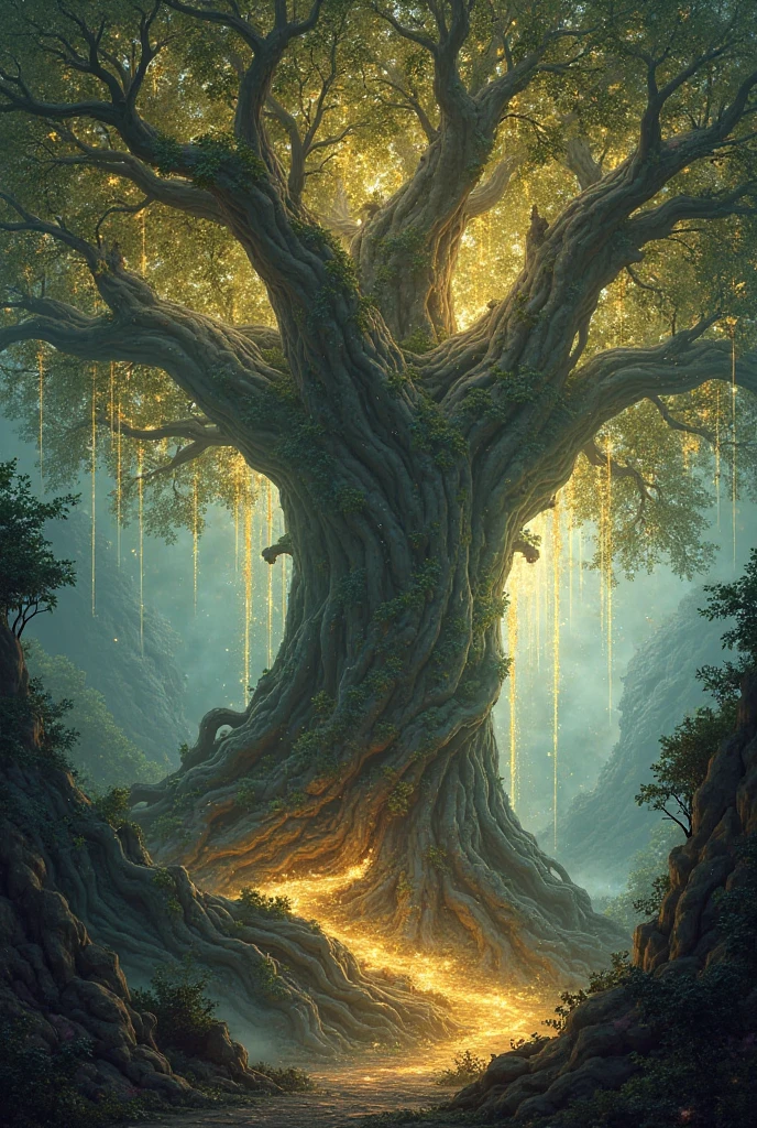 huge tree, with giant willow-like branches with magical yellow sparkles, in an immense, dark forest 