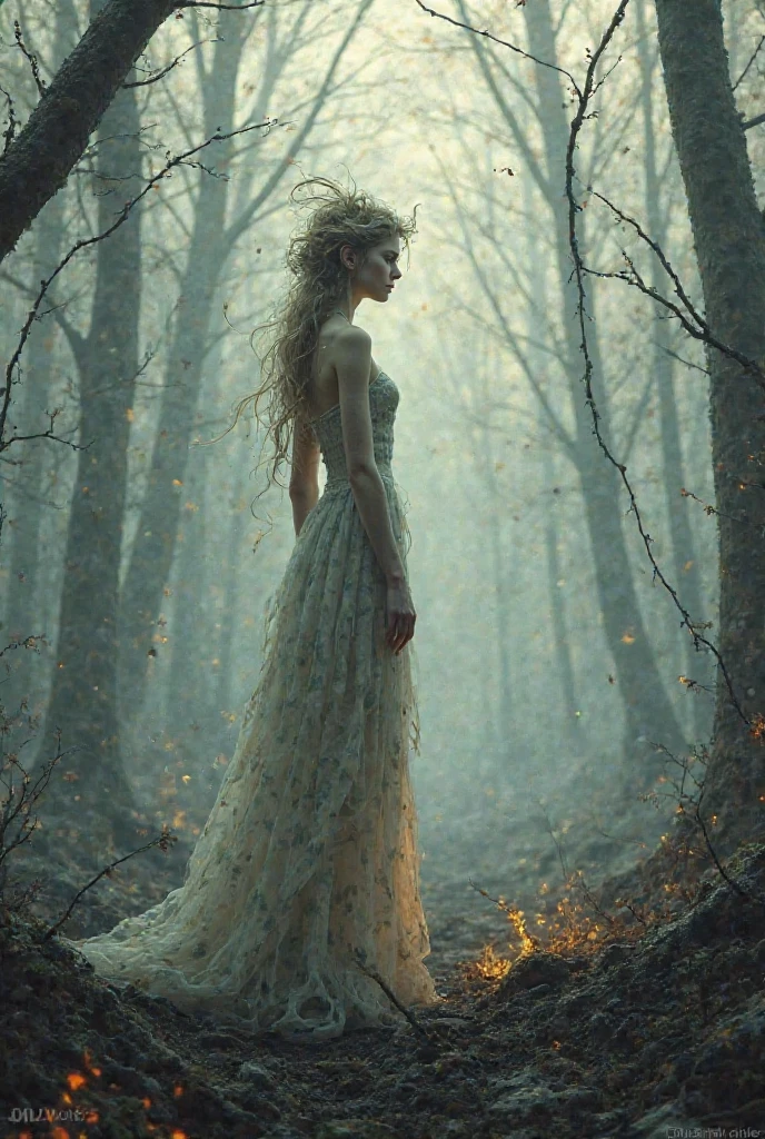 Dryad looks at the burnt forest that was her home